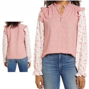 Rachel Parcell Pink Mixed-Print Ruffle Sleeve Blouse
